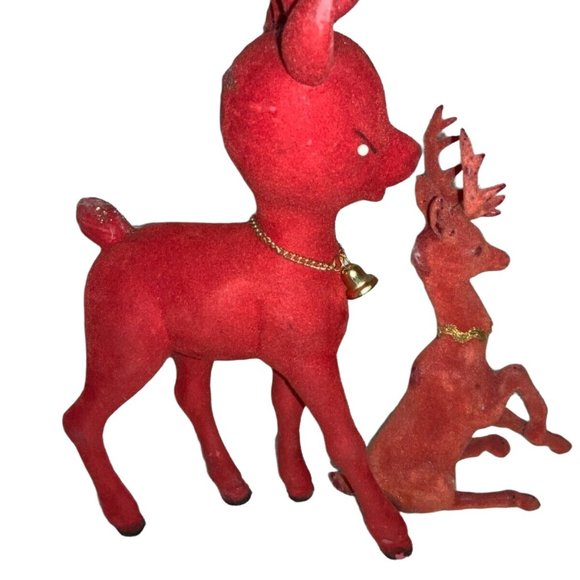 Red Flocked Felt Christmas Reindeer 2 Vintage Deer - Picture 15 of 16